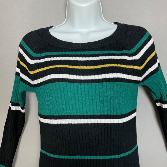 Express Ribbed Sweater Stripes Fitted Women Size Medium Teal Black Rayon Nylon - Picture 4 of 12